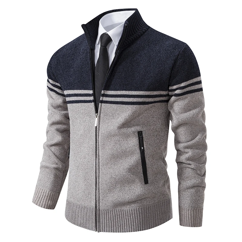 Novo suéter de inverno masculino grosso lã quente camisola casual gola com zíper cardigan moda casaco listrado