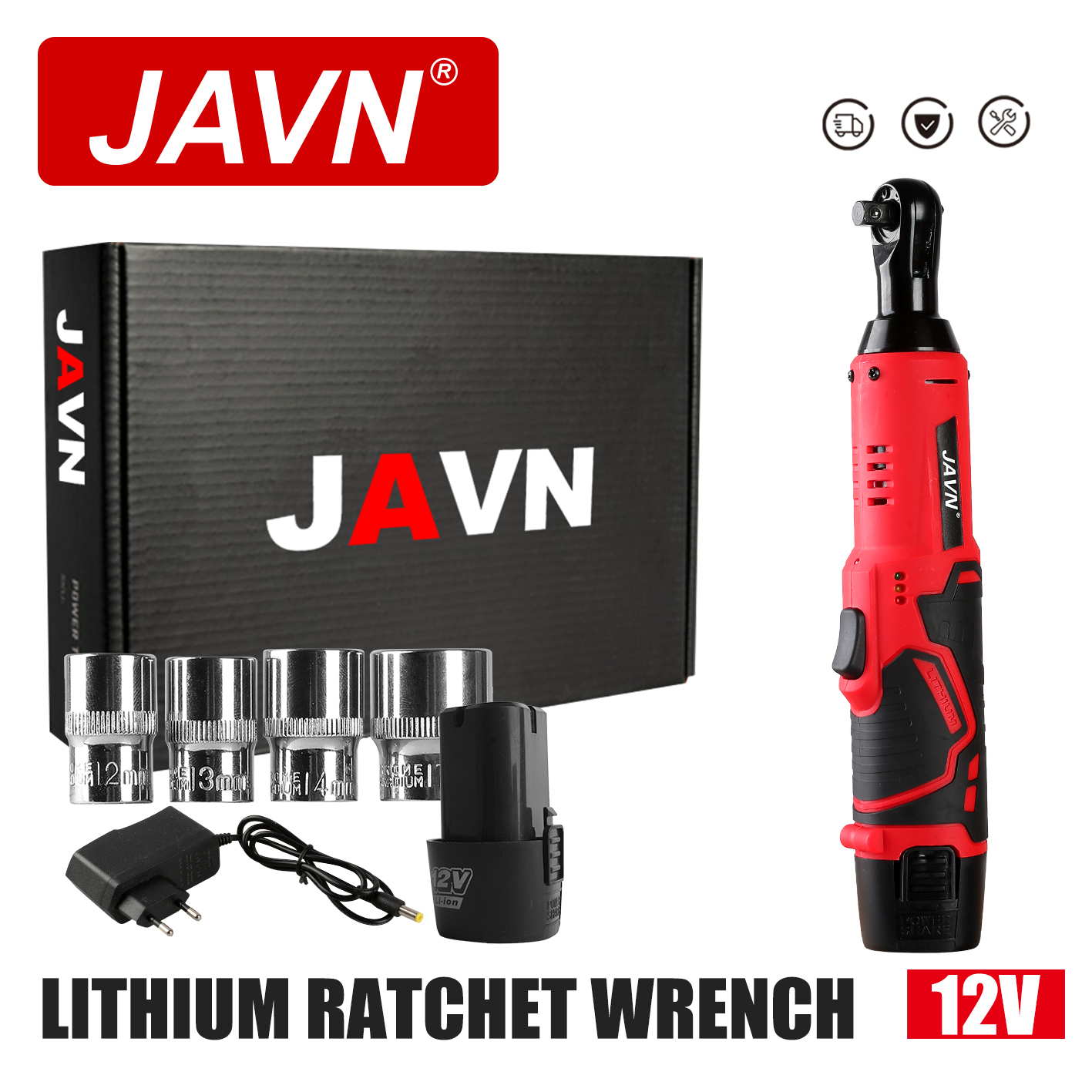 JAVN 12V Akku-Elektroschrauber, 45NM 3/8'' Ratschenschlüssel, Entfernungsschraubenmutter, Autoreparaturwerkzeuge, rechtwinkliger Schraubenschlüssel, Leistung
