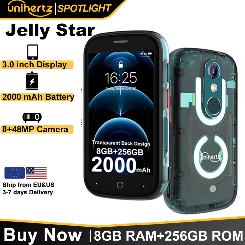 Unihertz Jelly Star Android 13 8 GB 256 GB LED-Licht entsperrtes transparentes Backshell 48 MP 3 Zoll 2000 mAh