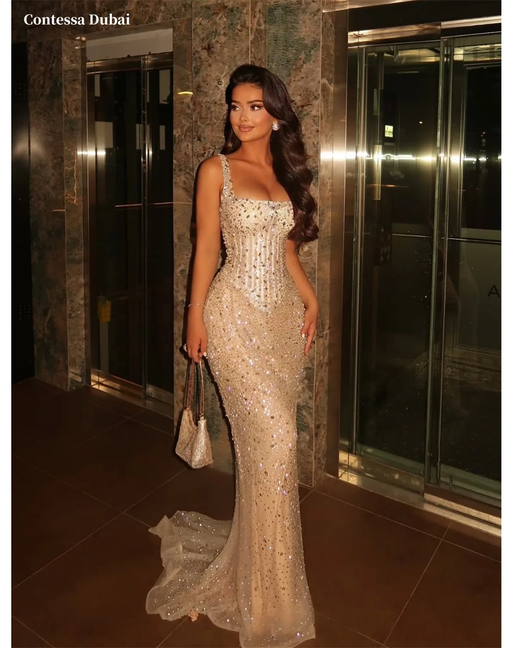 Suknia balowa Contessa Dubai, elegancka, w stylu syreny, z trenem typu court, zdobiona błyszczącymi cekinami, vestidos de noche, kwadratowy dekolt, sukienka na imprezę, kolekcja 2025