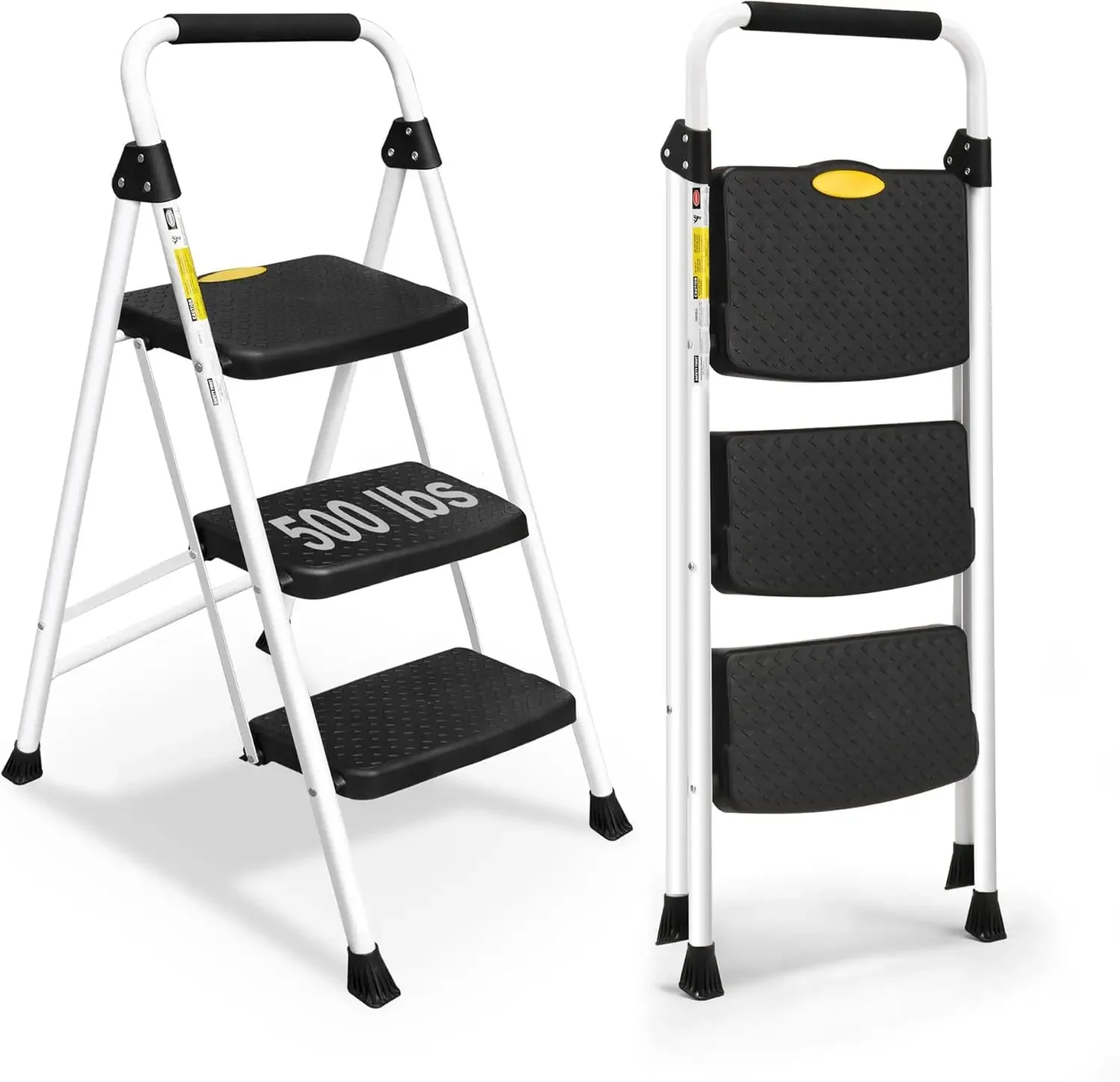 HBTower Escalera 3 Peldaños Plegable, Escalera Compacta con Asa de Goma, Diseño Antideslizante, Fabricada en Acero, Capacidad de
