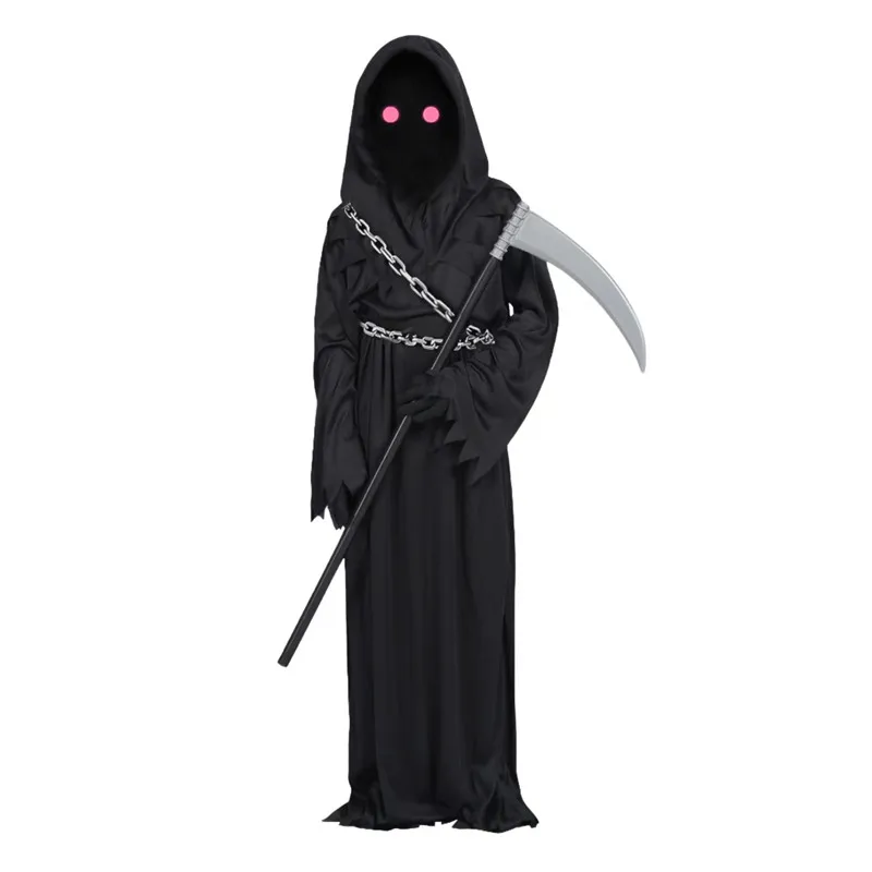 Dziecko Czarny Czerwony Diabeł Łańcuch Kostium Halloween Czerwone Oko Ponury Żniwiarz Horror Zagraj Kostium Upiorny Cos Szata Łańcuch Serple Rękawiczki Rekwizyty