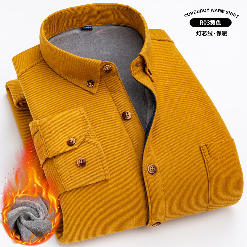 Camisa de manga larga informal sin hierro para hombre, de pana gruesa de talla grande, de terciopelo, color sólido de alta calidad, otoño e invierno