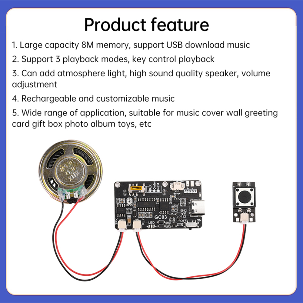 GC03 Tarjeta de grabación Movimiento Caja de regalo creativa Tarjeta de cumpleaños de Navidad Cubierta de música Pared MP3 Descarga Módulo de voz Tipo C