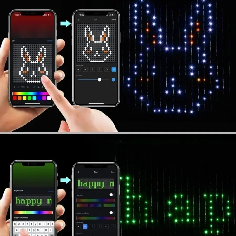 400LED 스마트 커튼 문자열 빛 블루투스 APP 제어 크리스마스 요정 빛 DIY 그림 디스플레이 갈 랜드 파티 웨딩 장식