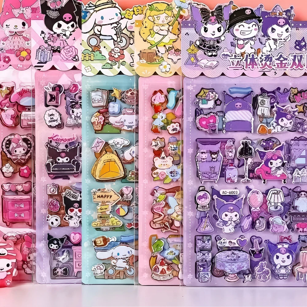Divertente simpatico cartone animato Sanrio doppio strato 3D Kuromi Melody adesivi per la casa decorazione fai da te laptop telefono frigorifero adesivi a bolle grandi