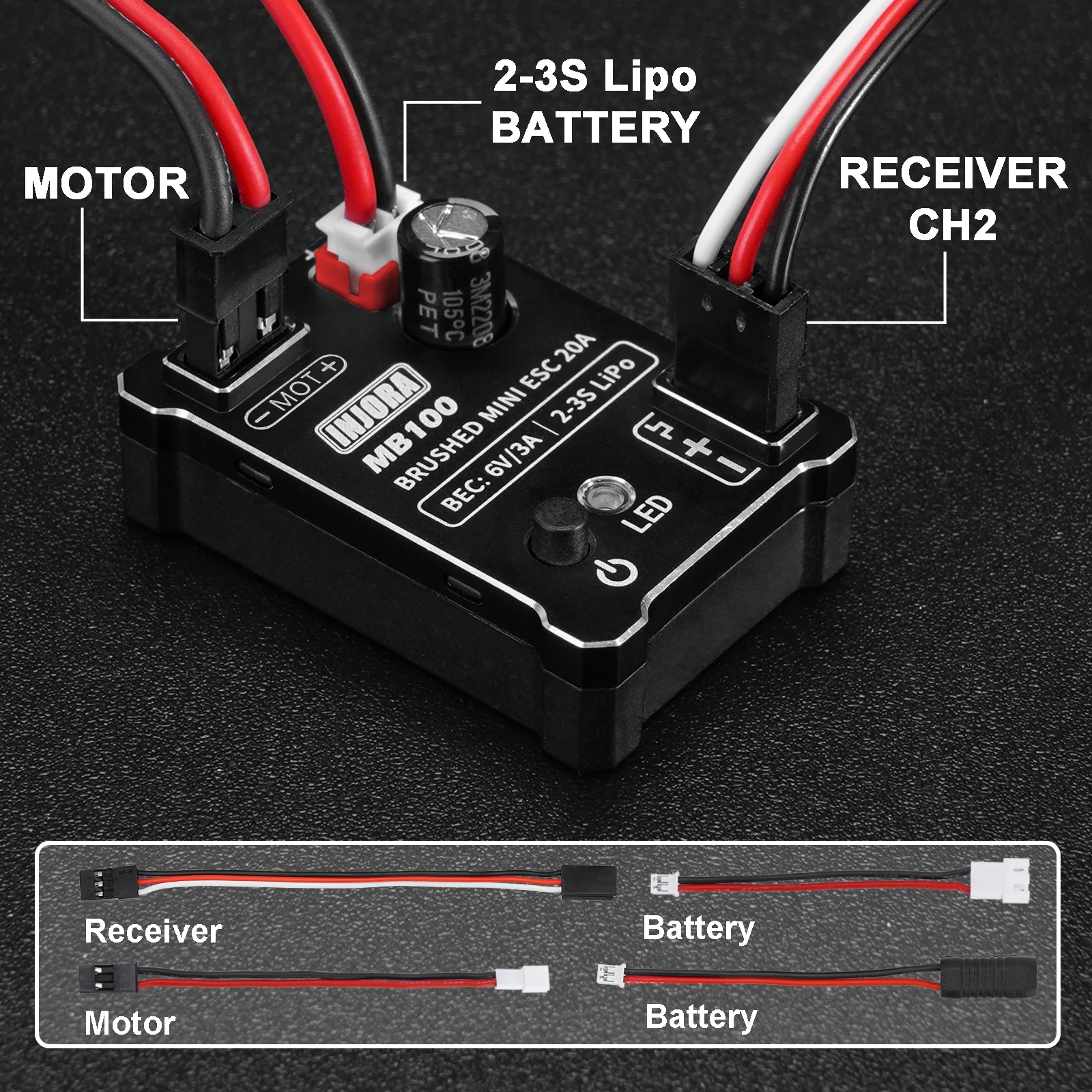 INJORA MB100-R80 Brushed Mini ESC 20A for 1/24 1/18 RC Crawler SCX24 AX24 TRX4M FCX24 FCX18