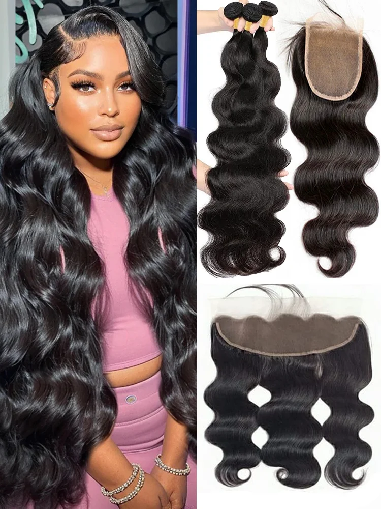 Onda do corpo pacotes de cabelo humano com fechamento cor natural 3 pçs pacotes de cabelo humano com fechamento 4x4 13x4 laço frontal com 3 pacotes