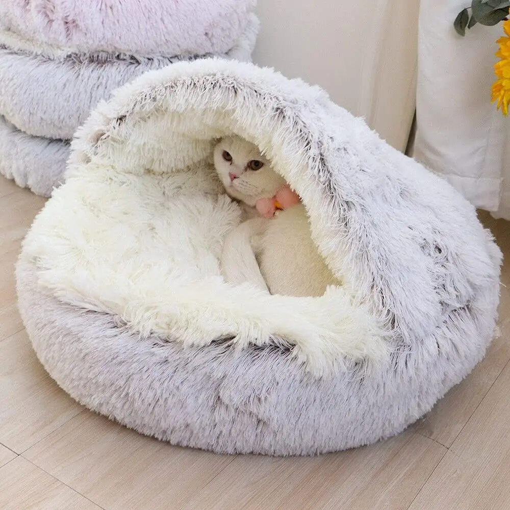 Rundes Plüsch-Katzenbett, Haustiermatratze, warm, weich, bequem, Korb für Katzen und Hunde, 2-in-1-Schlafsack, Nest für kleine Hunde