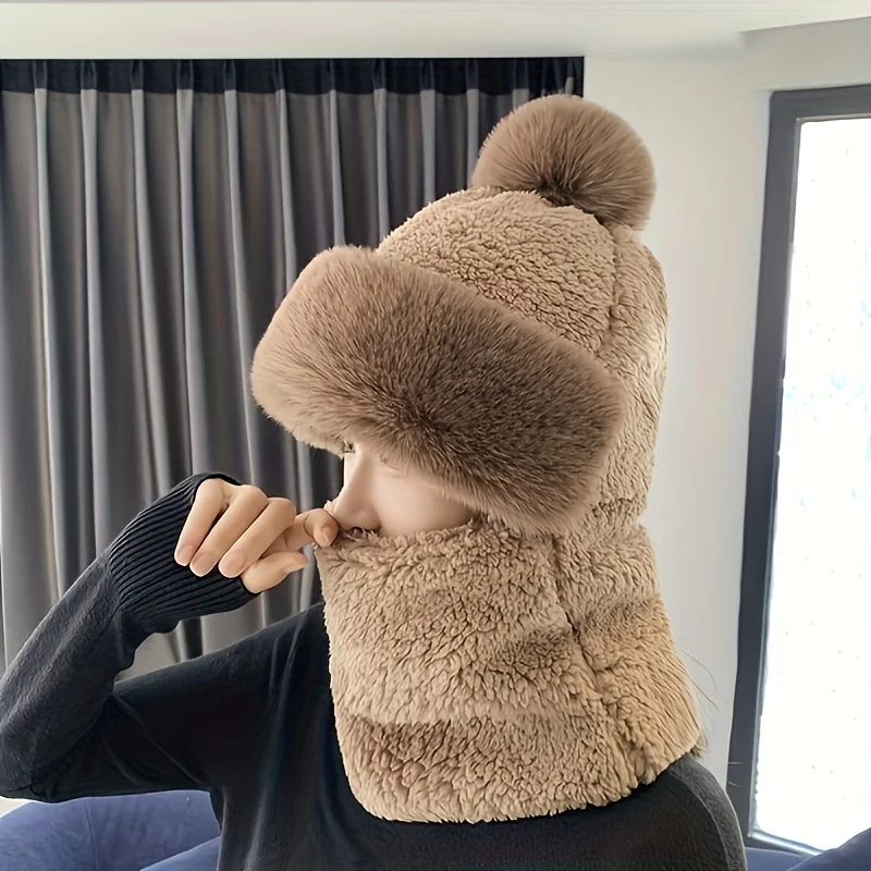 Ladies' Winter Plush Ski Hat with Earflaps - Solid Color Button Knitted Hat Suitable for Outdoor Activities in Autumn and Winter