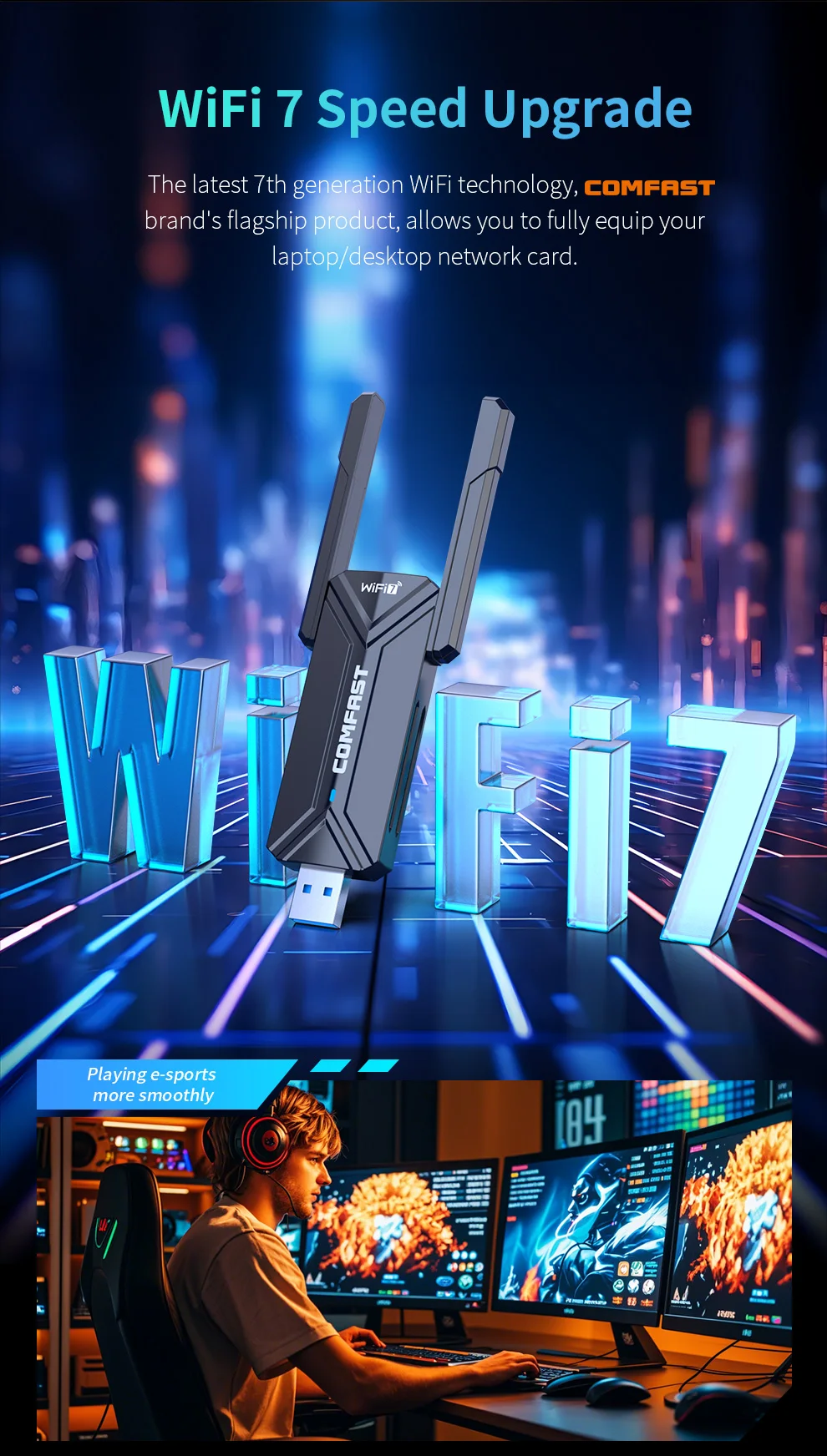 COMFAST USB-адаптер Wi-Fi 7, 6500 м, 6G, 5G и 2,4G, приемник Wi-Fi для ПК RTL8912AU, 2 антенны, адаптер Wi-Fi, драйвер бесплатно для Win10/11