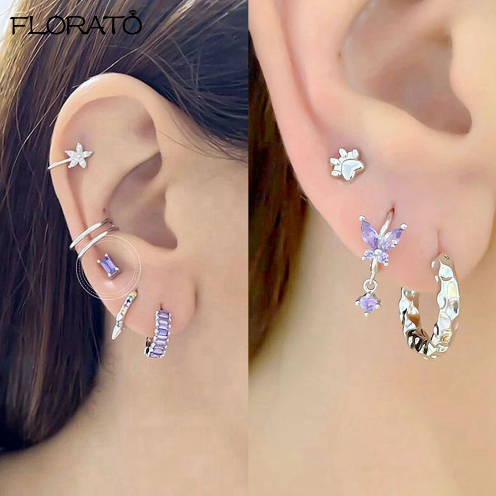 Pendientes morados elegantes con aguja de Plata de Ley 925, exquisitos pendientes de aro pequeños para mujer, accesorios de joyería de punción a la moda