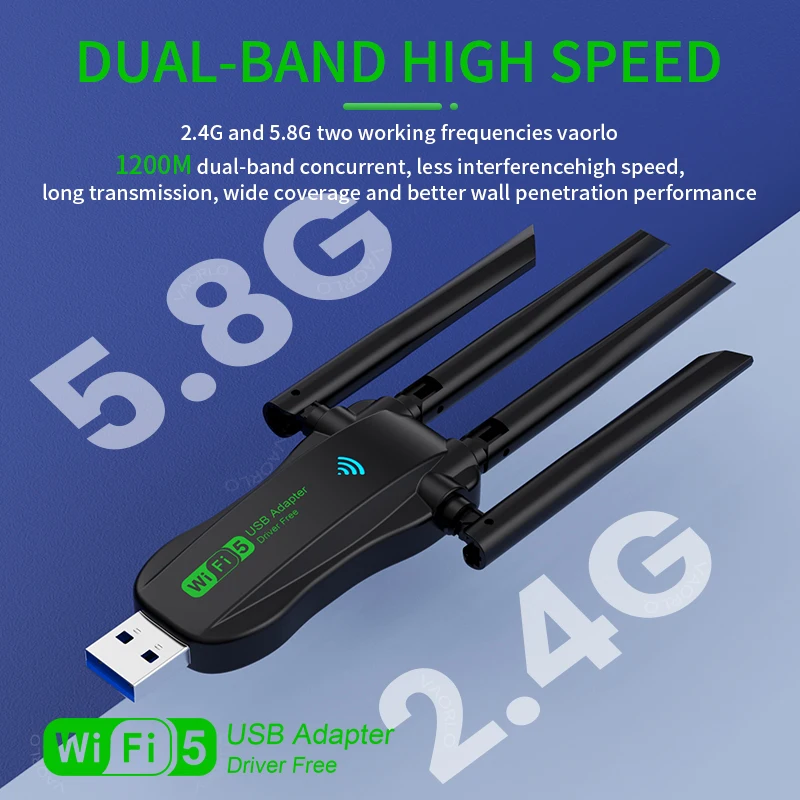 4 Antennas 1200Mbps WiFi USB 3.0 Adapter 2.4G/5GHZ Dual Band WiFi Dongle Wireless Receiver Network Card For PC/Laptop Win 10/11