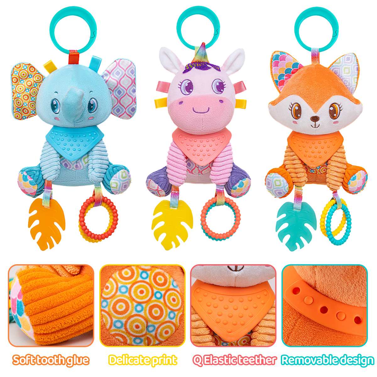 Soft Hanging Crinkle Squeaky Sensory LearningToy Stroller Car Seat Crib Travel Plush Animal Wind Chime with Teether Boys Girls