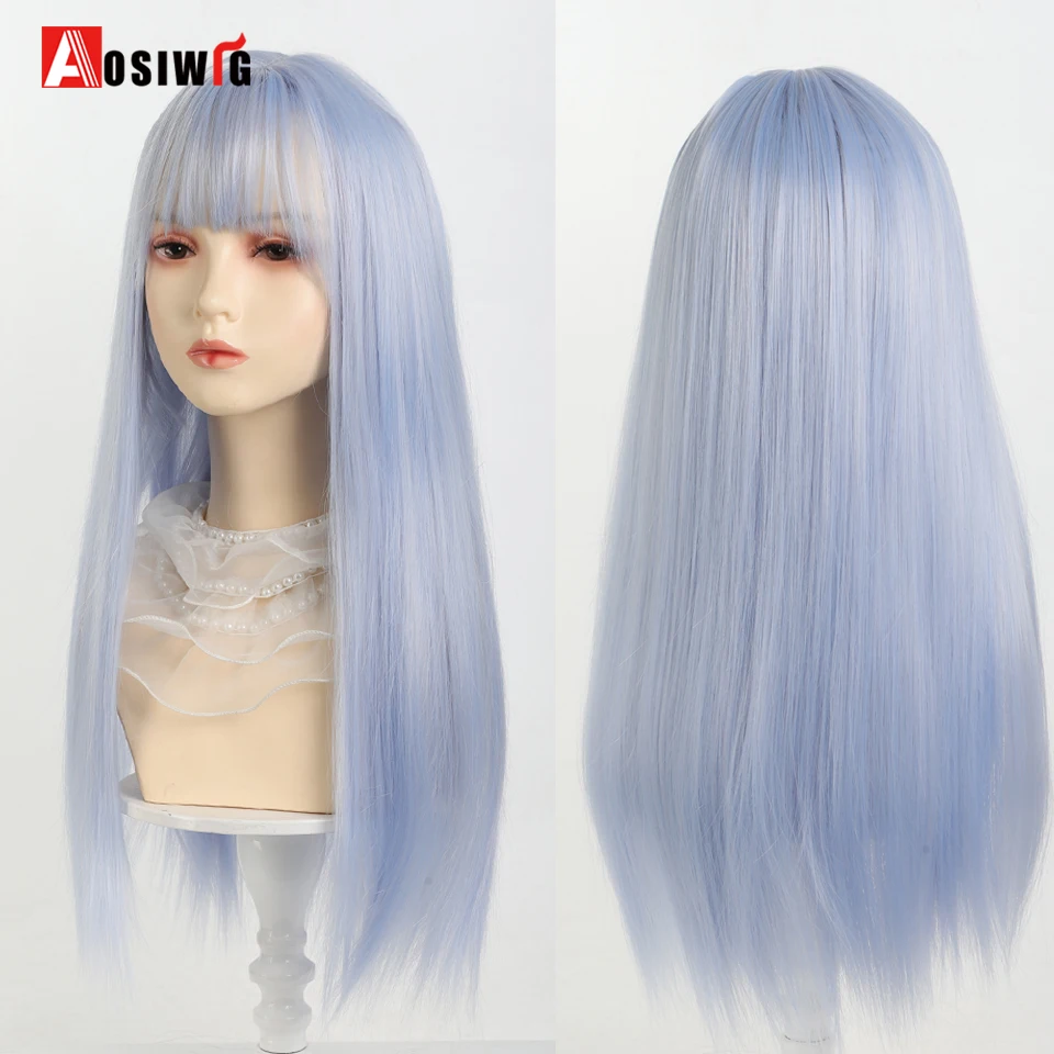 Perucas sintéticas retas longas para mulheres, peruca cosplay com franja, azul claro, destaque de cinzas, cabelo natural, fibra resistente ao calor