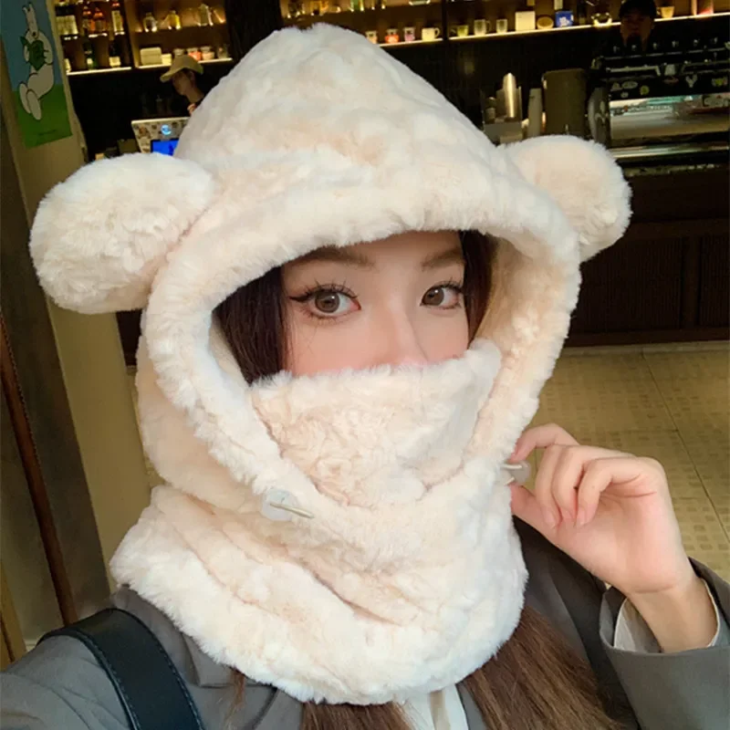 Gorro cálido de invierno para mujer, conjuntos de bufanda de felpa gruesa todo en uno, gorro con orejas de oso Kawaii, bufanda a prueba de viento, gorro con capucha y protección para los oídos