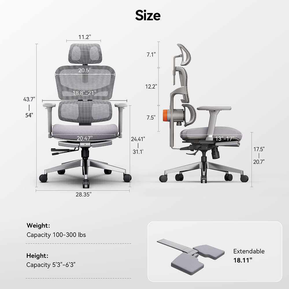 NEWTRAL NT002 Ergonomiczne krzesło, adaptacyjne podparcie dolnej części pleców, regulowane oparcie, podłokietnik, zagłówek, podnóżek