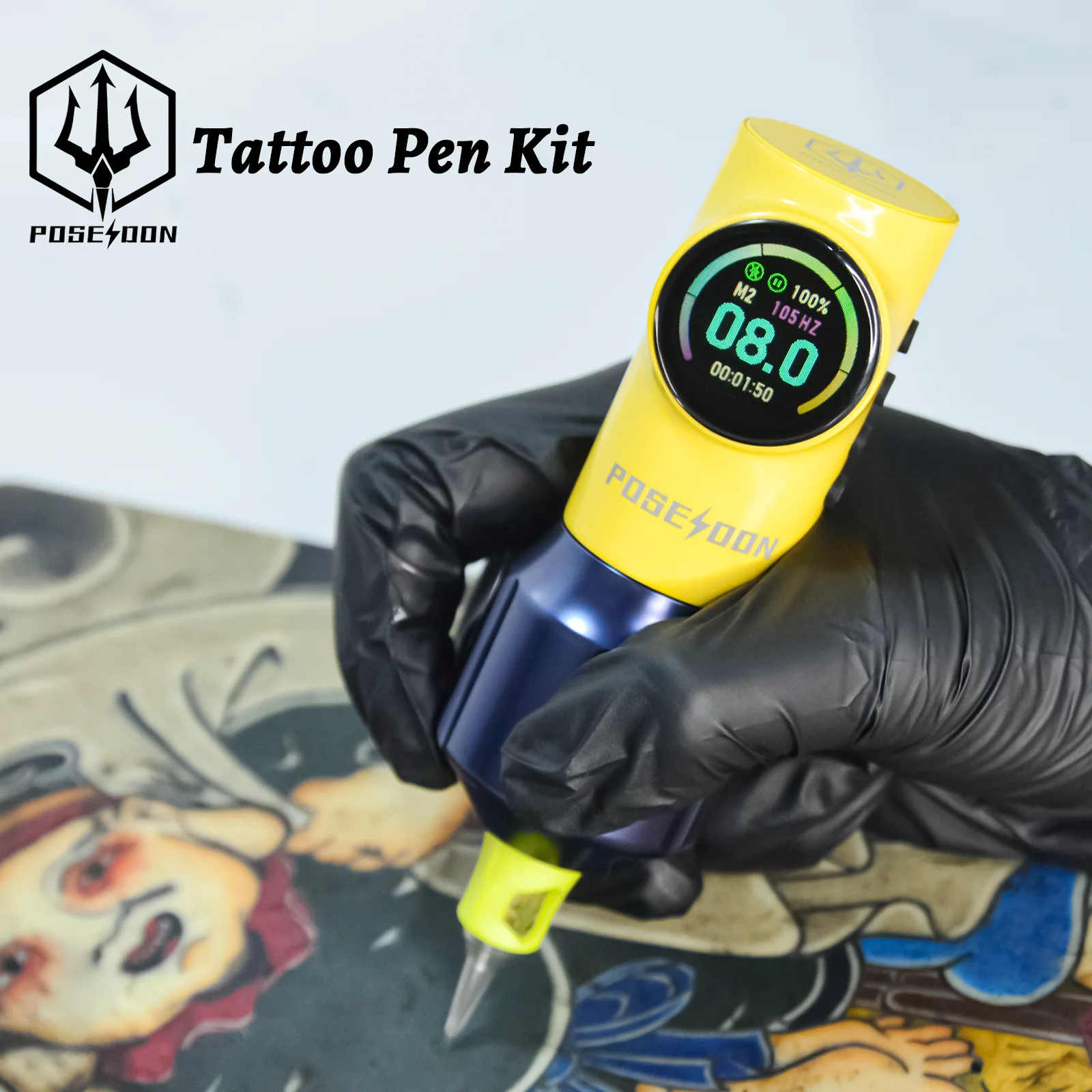 Kit de tatouage POSEIDON nouveau Kit de stylo de tatouage jaune pour maquillage Permanent Kit de Machine de tatouage sans fil alimentation de tatouage pistolet de tatouage Ki