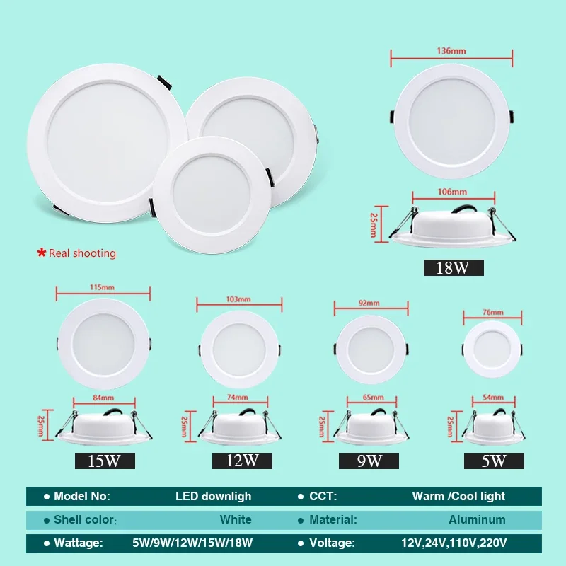LED ダウンライト 5 ワット 9 ワット 12 ワット 15 ワット 18 ワットホワイトボディラウンド Led シーリングライト DC 12 V 24 V AC 110 V 220 V 寝室キッチン屋内 LED 照明