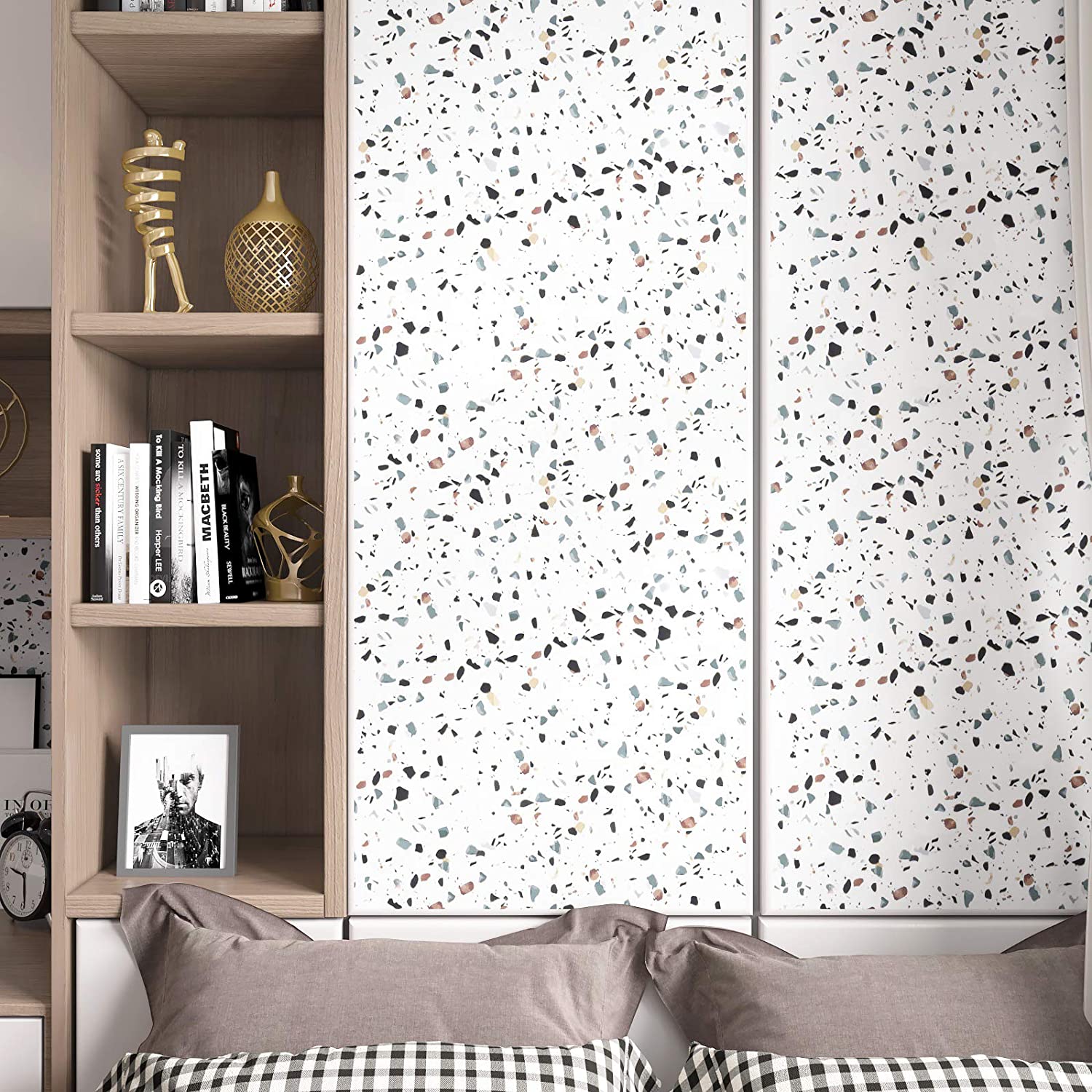 Papel de contato terrazzo branco, à prova d'água, autoadesivo, rolo de papel de parede, decoração de bancada de granito, casca e adesivo para cozinha