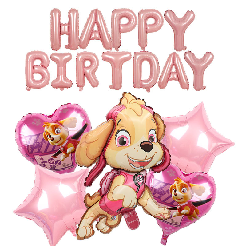 Nueva decoración de fiesta de cumpleaños Skye Paw Patrol, vajilla canina rosa, platos de papel, vasos, servilletas, suministros de globos para fiesta temática Skye