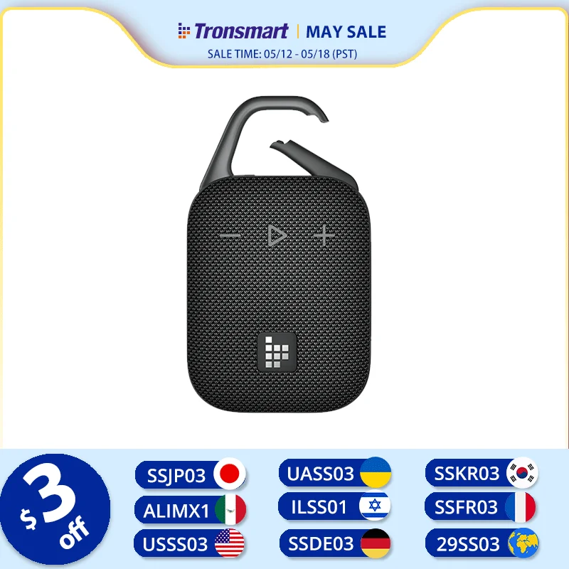 Altavoz Tronsmart Mirtune H1 Altavoz Bluetooth portátil con gancho, resistente al agua IPX7, tiempo de reproducción de 20 horas, para acampar, hacer senderismo, al aire libre