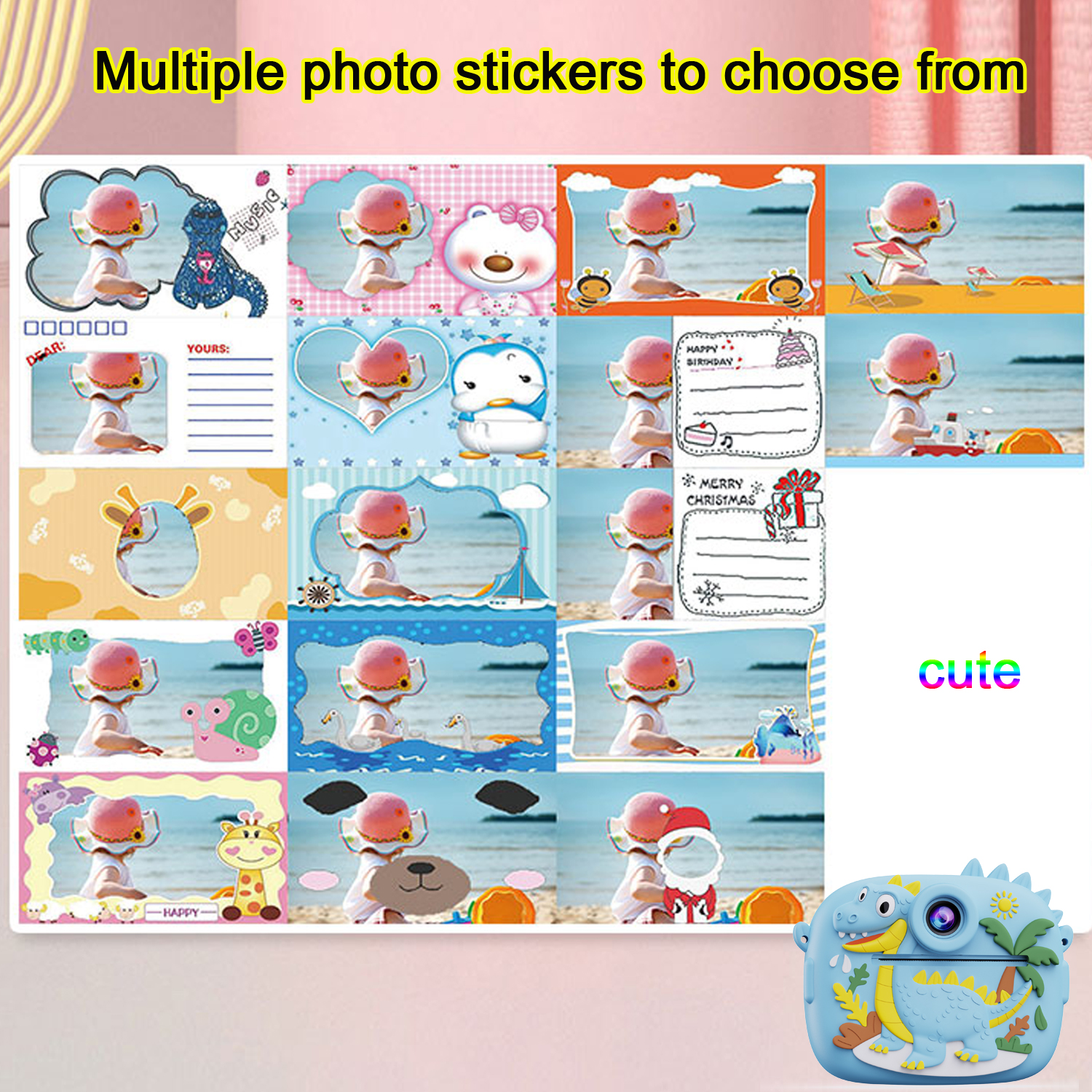 Caméra à impression instantanée en forme de petit dinosaure, carte mémoire de 32 go, double caméra HD 1080P, impression instantanée avec 3 rouleaux de papier d'imprimante