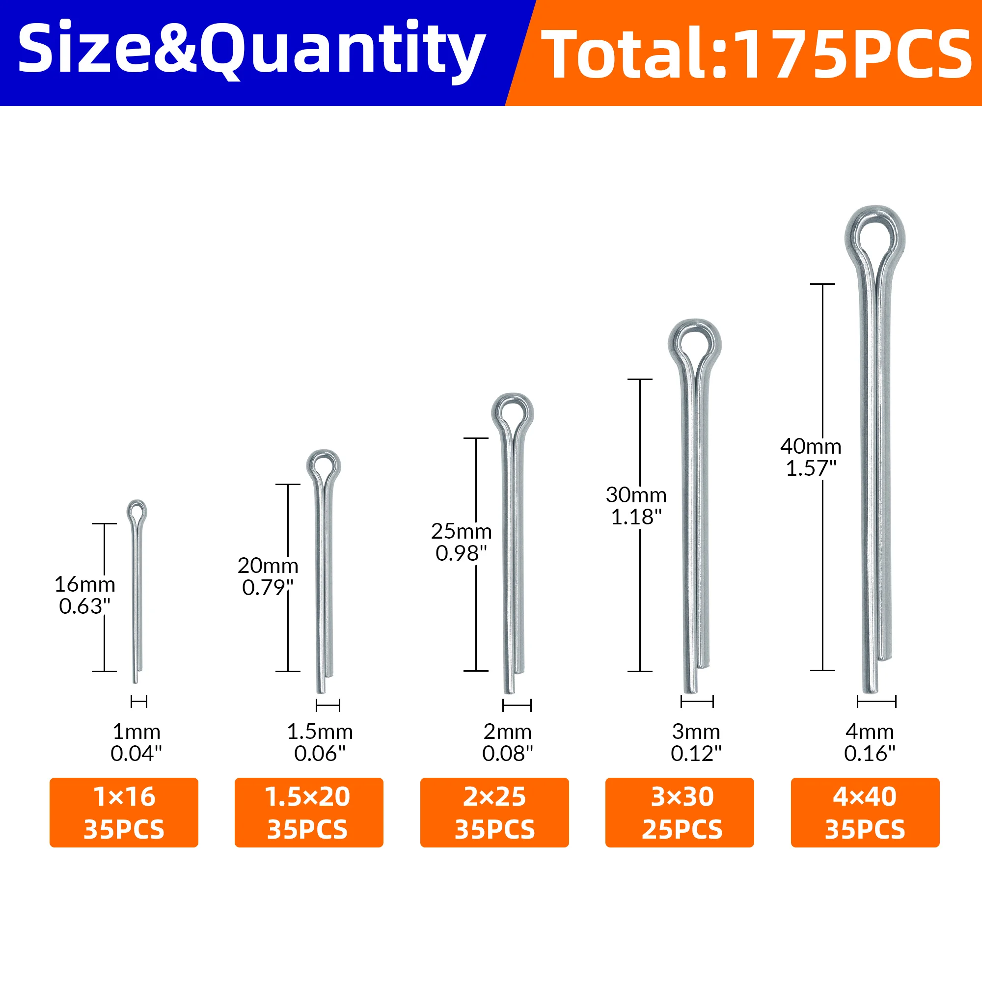 175Pcs Sliver Split Pins Cotter Fixings Assorted Sizes Zinc Plated Steel Hard Case Link Split Cotter Pin High Quality