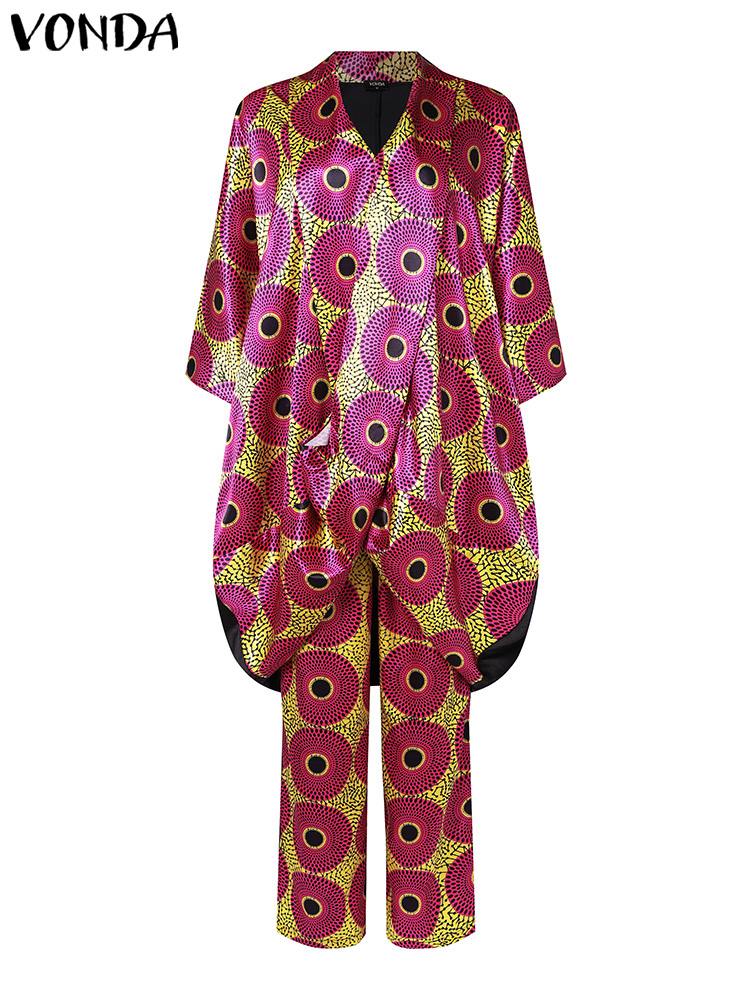 Vonda-女性用ワイドレッグパンツセット,ラージサイズ,ヴィンテージ3/4スリーブ,伸縮性ウエスト,トップスとパンツ,カジュアルなプリーツスーツ,パンツセット,エレガント,2024