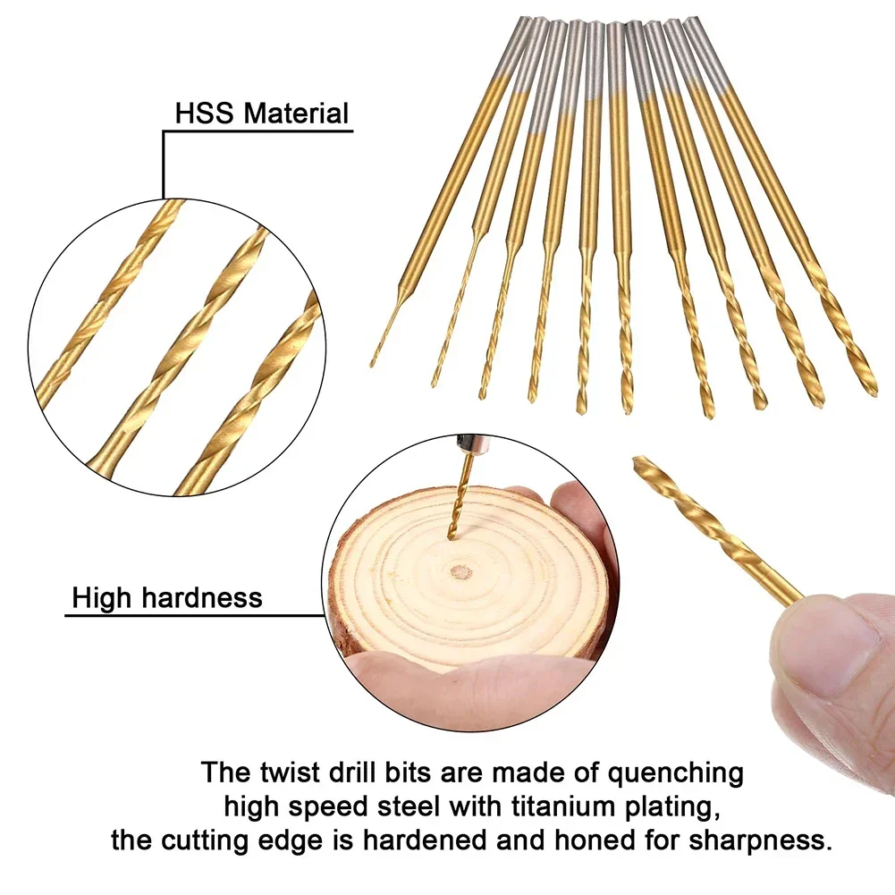 DIY Drill Bits Mini Drill Bit Set 10 Pieces Set 2.35mm Shank Diameter Efficient Drilling Gold Color High-Speed Steel