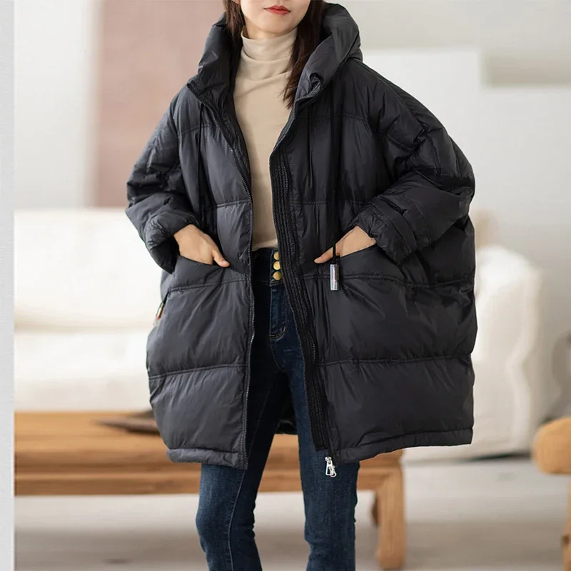 2025 novo inverno feminino 90% pato branco para baixo jaqueta casual solto sobre o tamanho quente parka feminino cordão com capuz casaco puffer