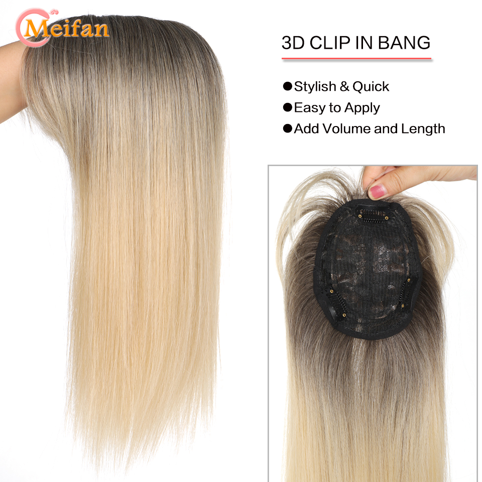 Meifan longo cabelo reto toppers ombre loira clipe extensões de cabelo sintético natural preto 3 clipes com bang falso hairpieres