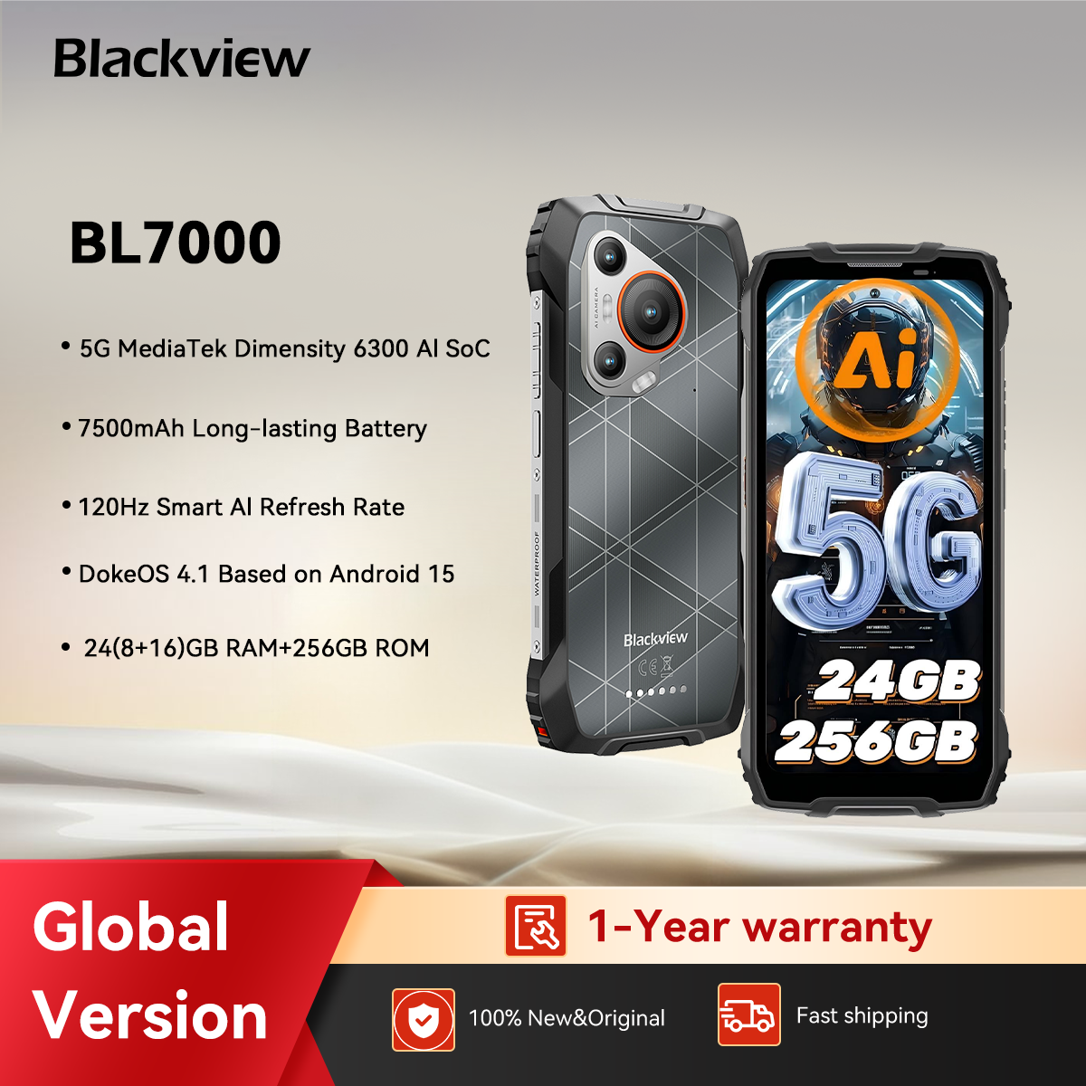 BLACKVIEW BL7000 5G AI Rugged Phone Deepseek GPT Android 15 Smartphone, 6.78" HD+2.4K Display 120Hz, 8GB RAM 256GB, 7500Amh