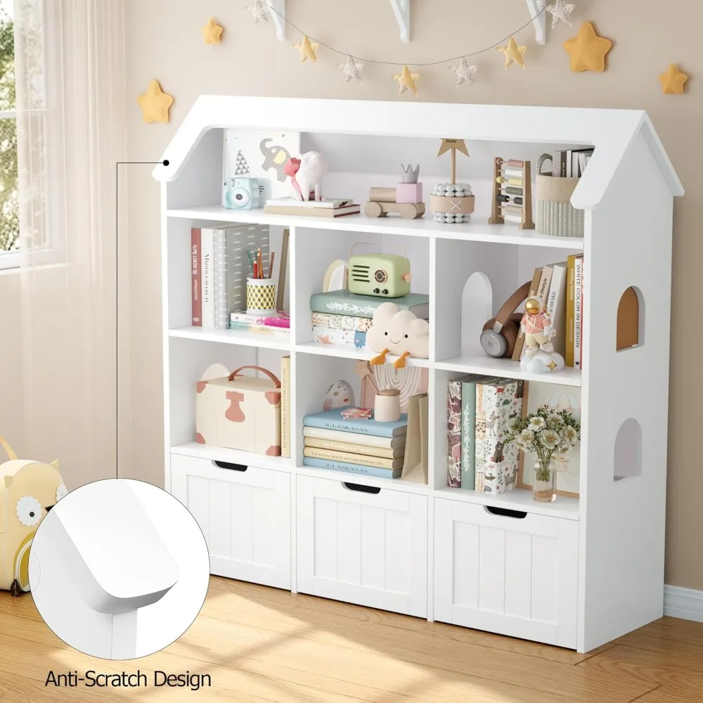 Toy Storage Organizer with House-Shaped Design, Kids Bookshelf Dollhouse Bookcase with 3 Movable Drawers and 6 Storage Cubbies