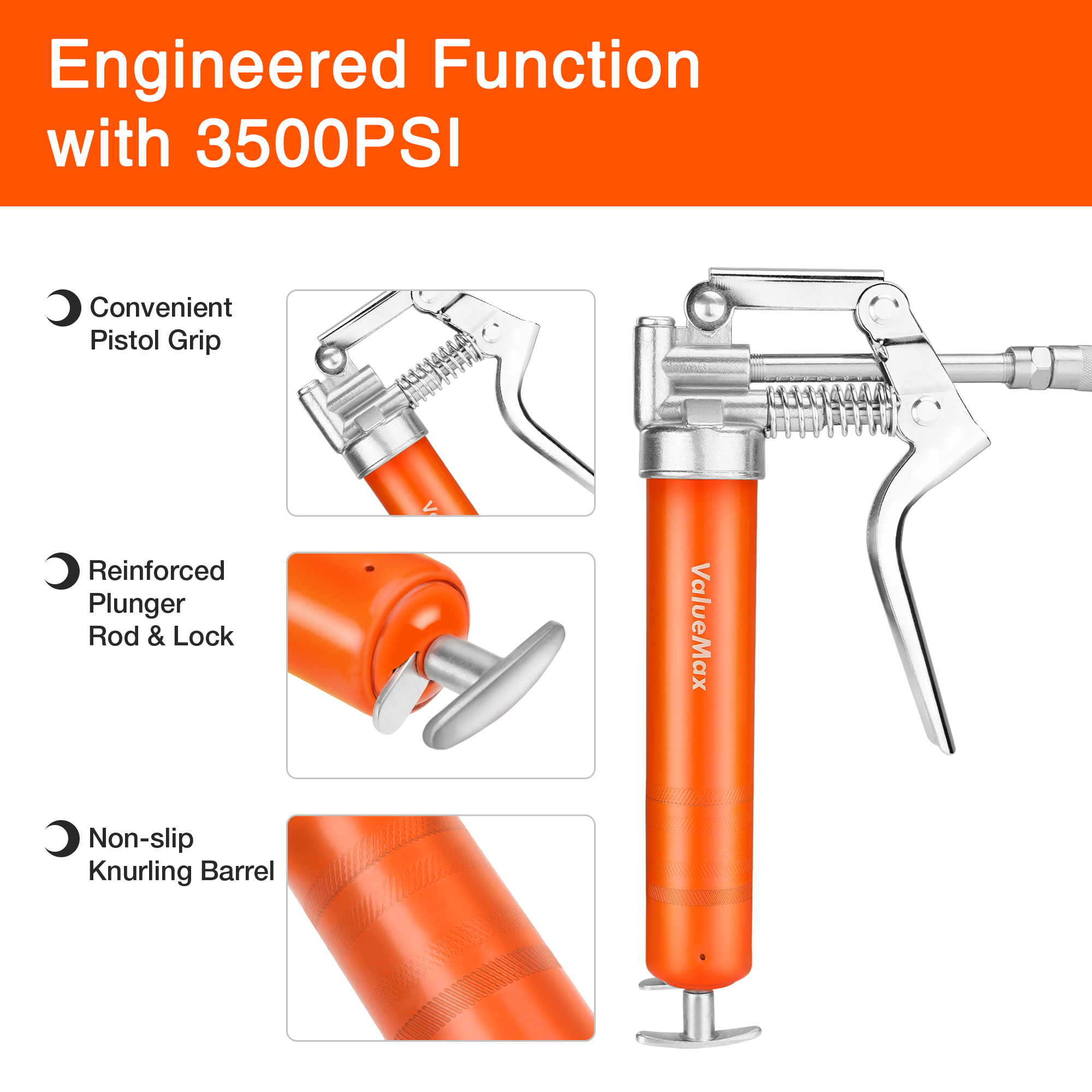 ValueMax 3500PSI Grease Gun Mini Pistol Grip Gun Set Syringe for Oil And Car Lubrication SUV Trucks with Flexible Extension Hose