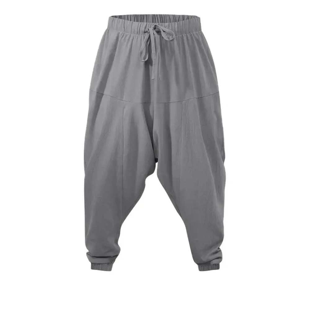 Haremshose für Herren, Baumwolle, Leinen, tiefer Schritt, gemütliche Streetwear, lockere Passform, atmungsaktiv, leicht, lange Hose, männliche Jogger