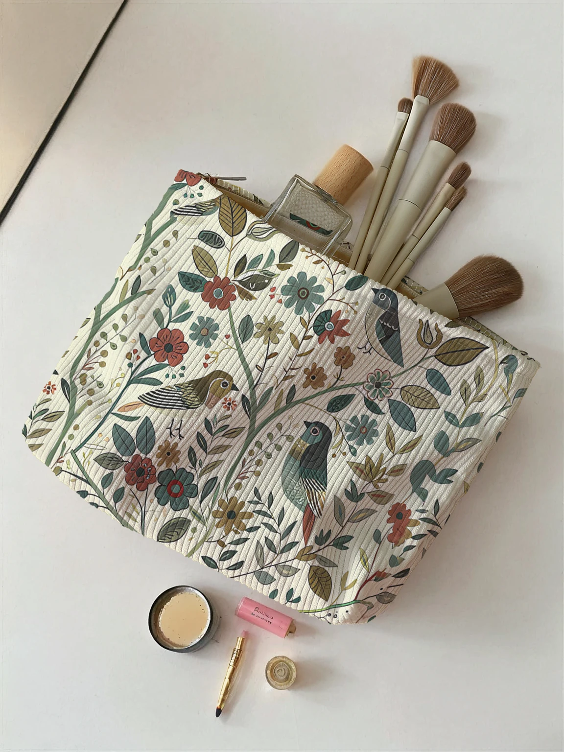 1 Stück, Make-up-Tasche aus Cord mit Reißverschluss und Zweigvogelmuster, leichte und multifunktionale Kosmetik-Aufbewahrungstasche