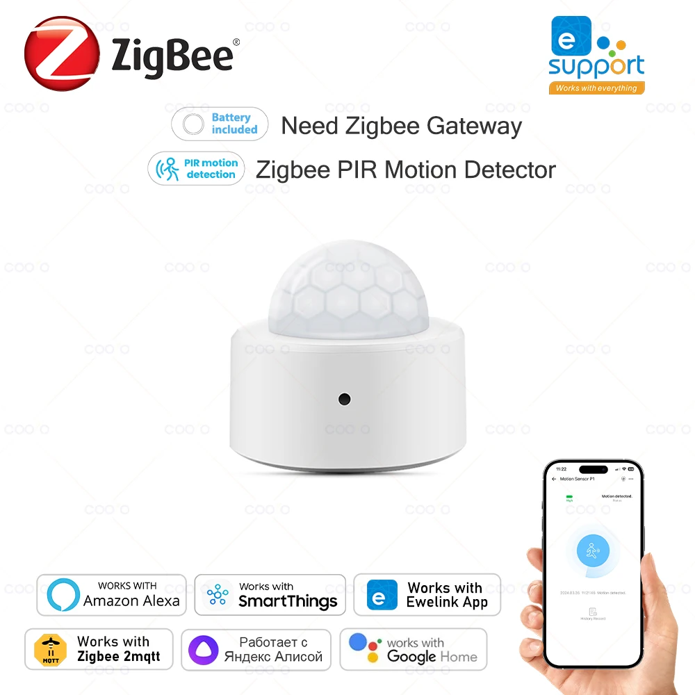 Ewelink-Zigbee 3.0 Mini Sensor de Movimento PIR, Movimento Humano, Detector Infravermelho, Alarme de Segurança, Funciona com Alexa, Google Home, Zigbee2MQTT