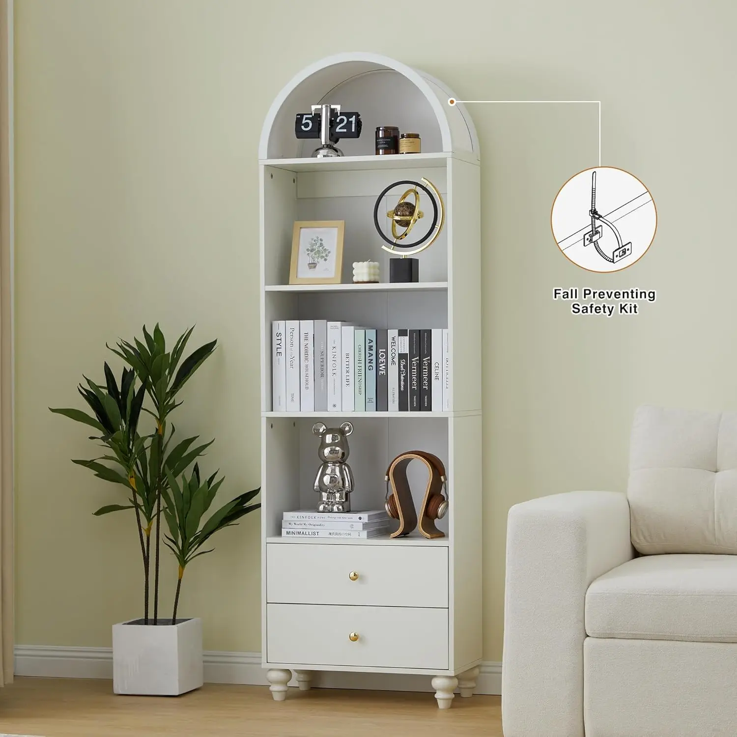 75.59" Tall Bookcase, 4 Tier Arched Bookshelf with 2 Drawers, Modern Book Display Storage Cabinet for Living Room, Bedroom