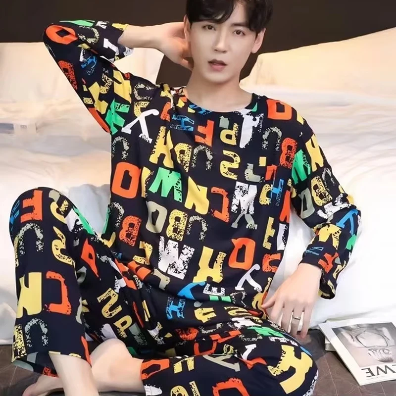 Pijamas masculinos de manga comprida calças compridas outono e inverno tamanho grande homewear conjunto de duas peças pijamas loungewear juventude pijamas