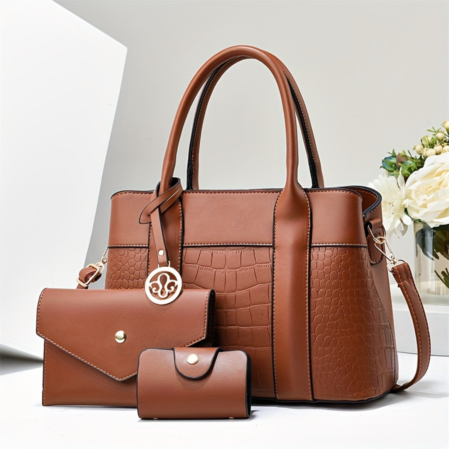 Conjunto de bolsa da moda: sacola com padrão de crocodilo, bolsa de ombro e embreagem, bolsa de couro PU texturizada