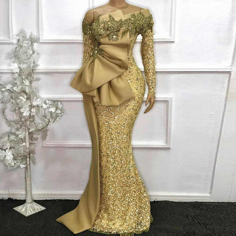 Gold Pailletten Meerjungfrau Mutter Der Braut Kleider Volle Hülsen Spitze Applique Perlen Hochzeit Abendkleid Angepasst فساتين السه