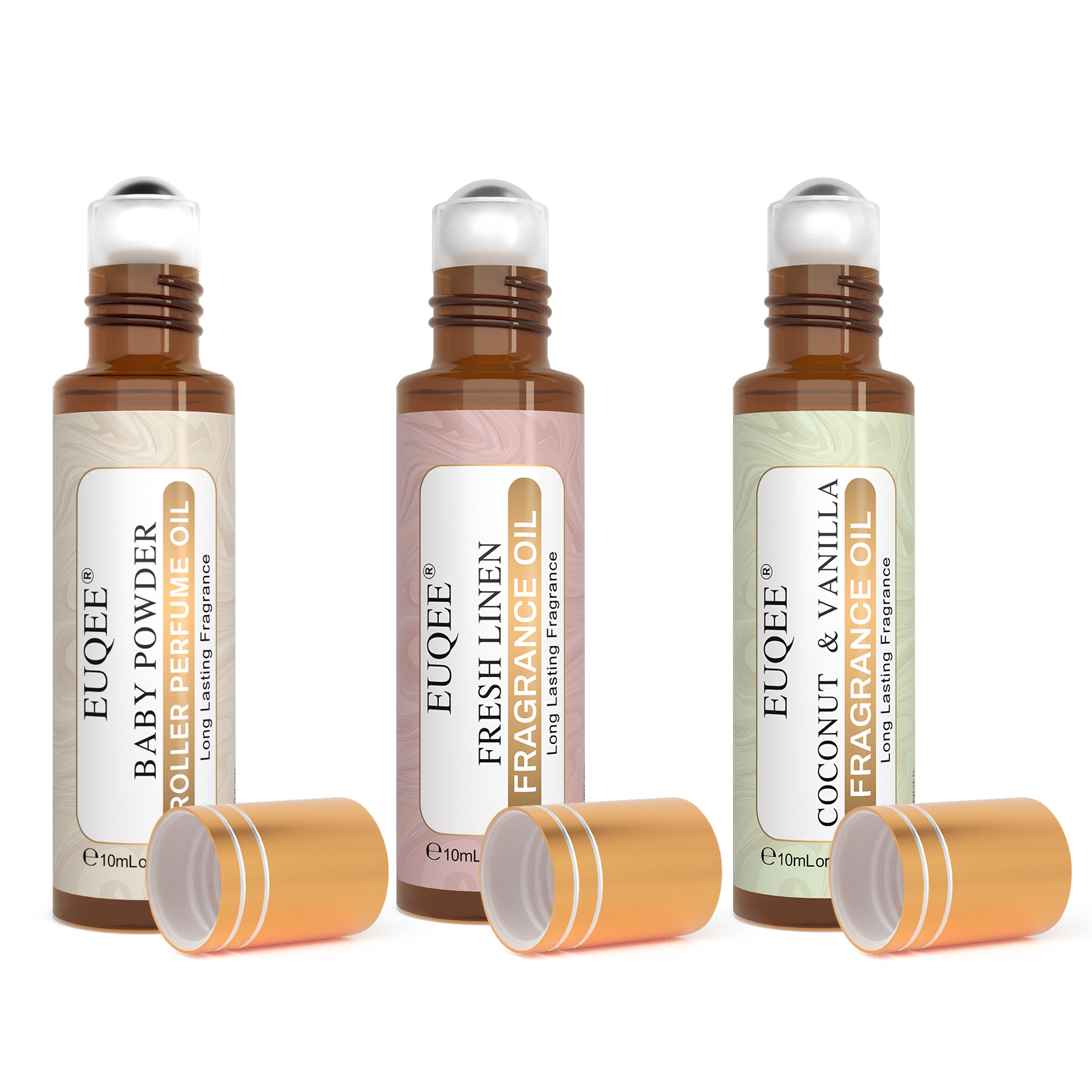 Euqee 3 pçs óleos de fragrância roll-on perfume de longa duração coco & baunilha almíscar branco bebê em pó linho fresco oud madeira âmbar romance
