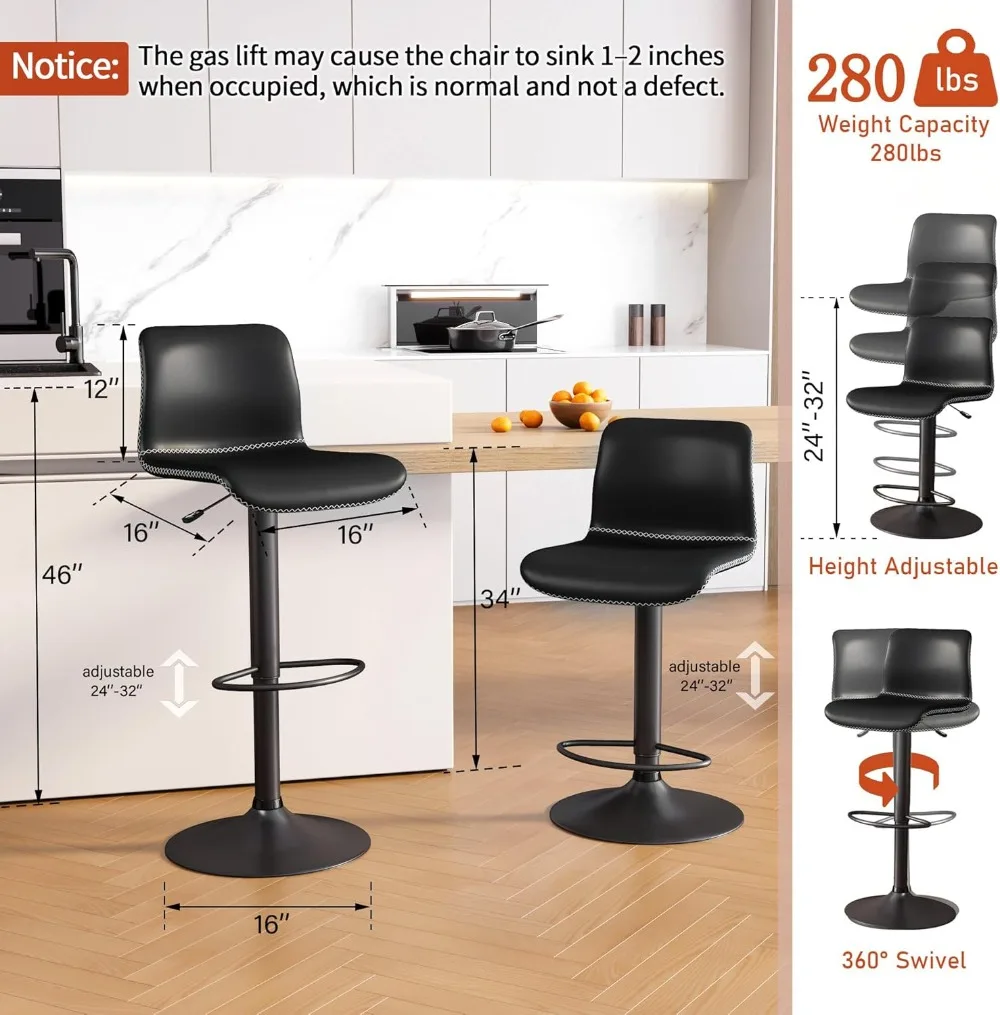 Swivel Bar Stools Set of 4, Counter Height Bar Stools with Back, Adjustable Bar Stools 24" to 32", Black Faux Leather Chairs