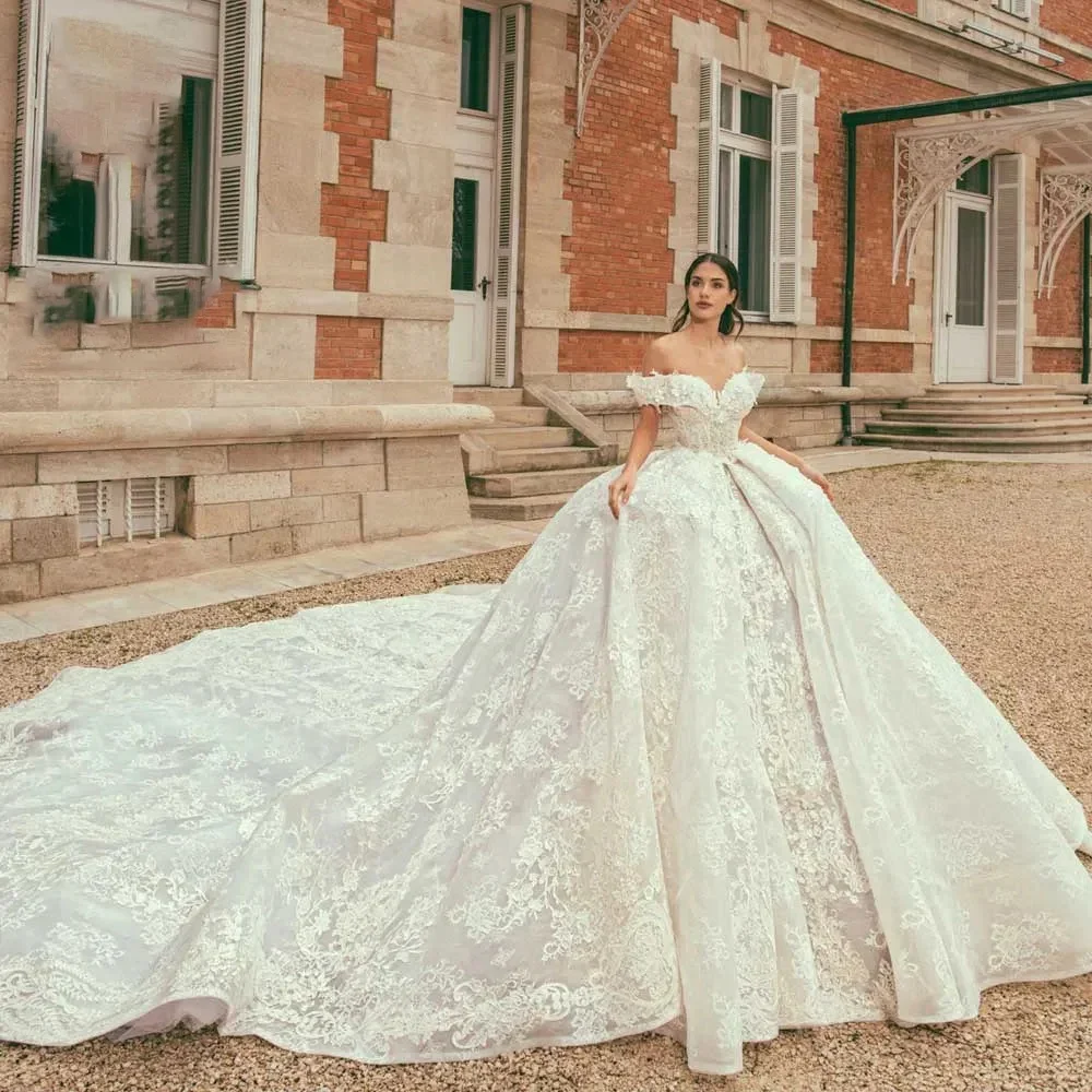 Flavinke-vestidos de novia personalizados con hombros descubiertos, apliques de corazón para mujer, cola real, vestidos de novia de princesa, Vestido de novia