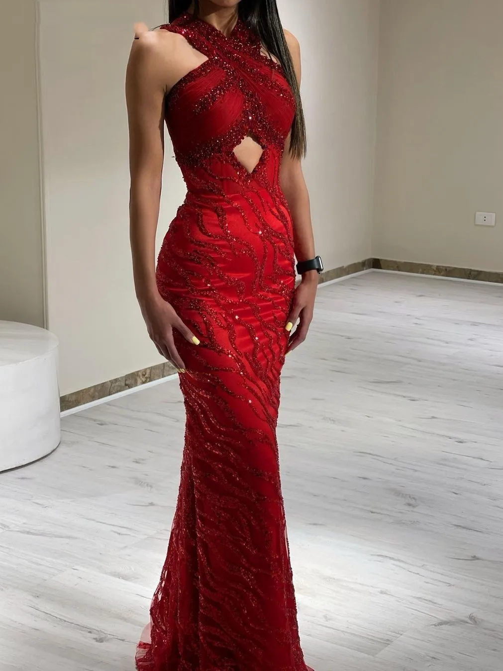 Oisslec Sexy Neckholder Red Mermaid Prom Kleider Lange Ärmel Abendkleider Perlen Pailletten Reißverschluss Frauen Formale Party Kleider