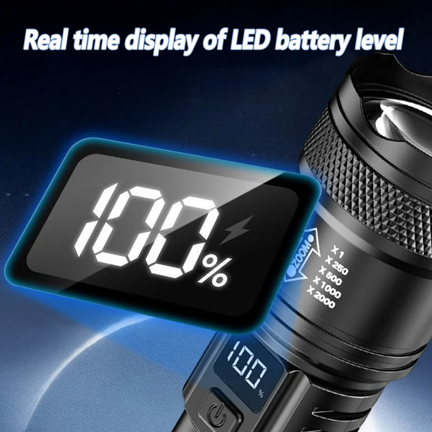 Lanterna led recarregável com zoom, tocha com display lcd, 3 modos, à prova d'água, alta potência, luz manual, acampamento ao ar livre