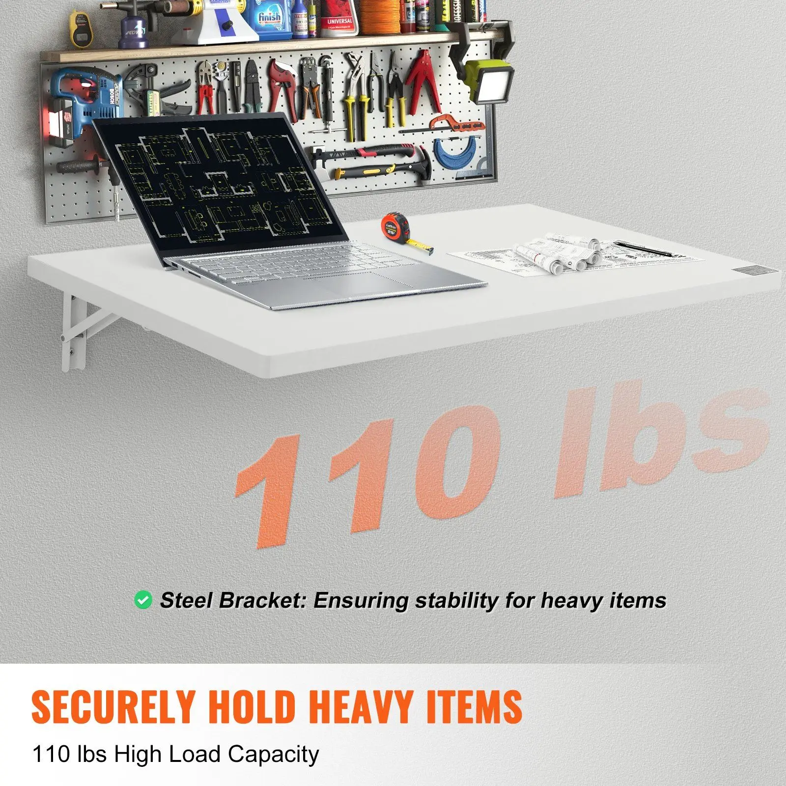 "35" Wall-Mounted Folding Table – Space-Saving Drop Leaf – Ideal for Home Office & Kitchen (White)"