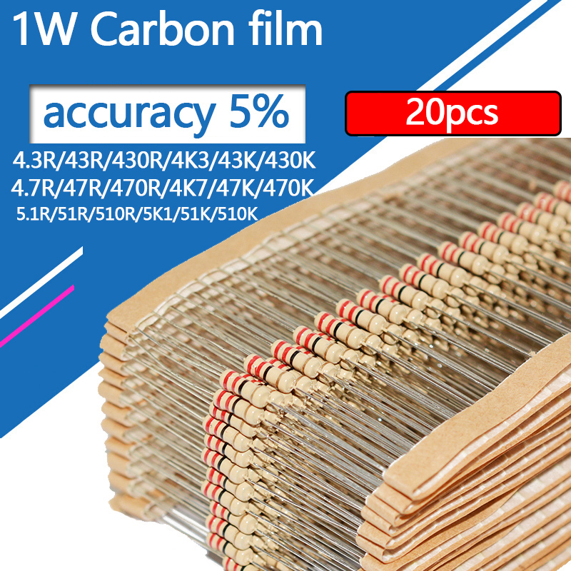 20pcs 1W Resistor de Filme de Carbono 4.3 4.7 5.1 43 47 51 430 470 510 Ohm R K 5% Resistência 4R3 4R7 5R1 4.7K 5.1K 47R 470R 510R 0.1R-3M