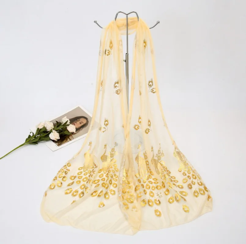 Ultra-thin and Soft Beach Scarf with Golden Peacock Feather Print for Travel and Vacation Sun Protection Shawl